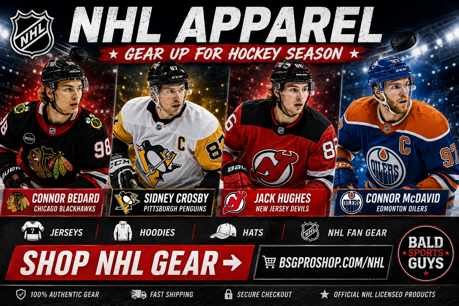 NHL apparel — Connor Bedard, Sidney Crosby, Jack Hughes and Connor McDavid
